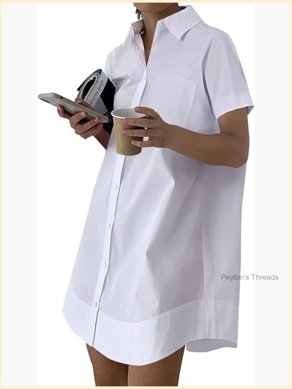 Cotton Shirt Dress Collar V Neck Button Down Short Sleeve Mini Dress